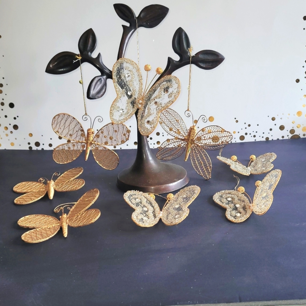 8pc Handmade Embroidered Gold Butterfly  Christmas Tree Ornaments (Vintage)